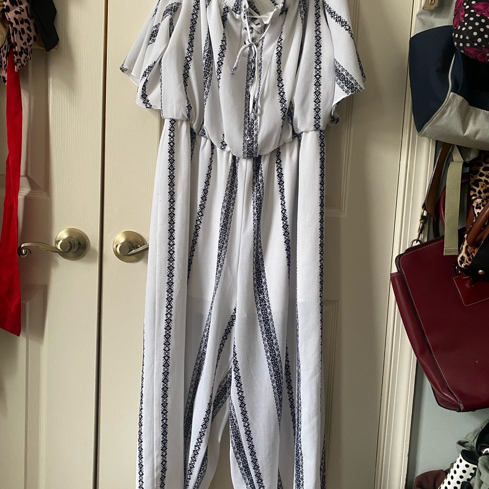 Blue and White Patterned Jumpsuit